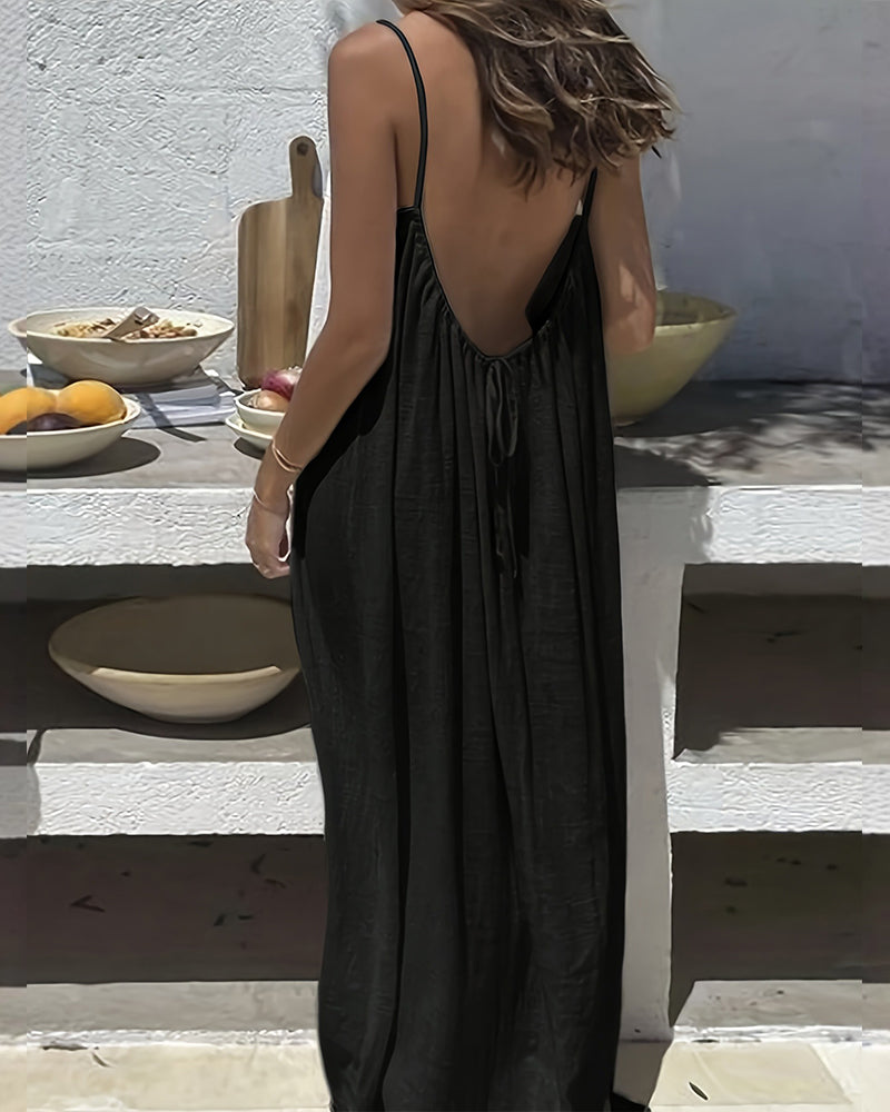Robe longue femme dos nu à bretelles fines style fluide