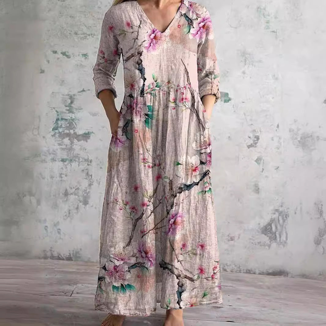 Robe Col V Manches Longues Femme | Maxi