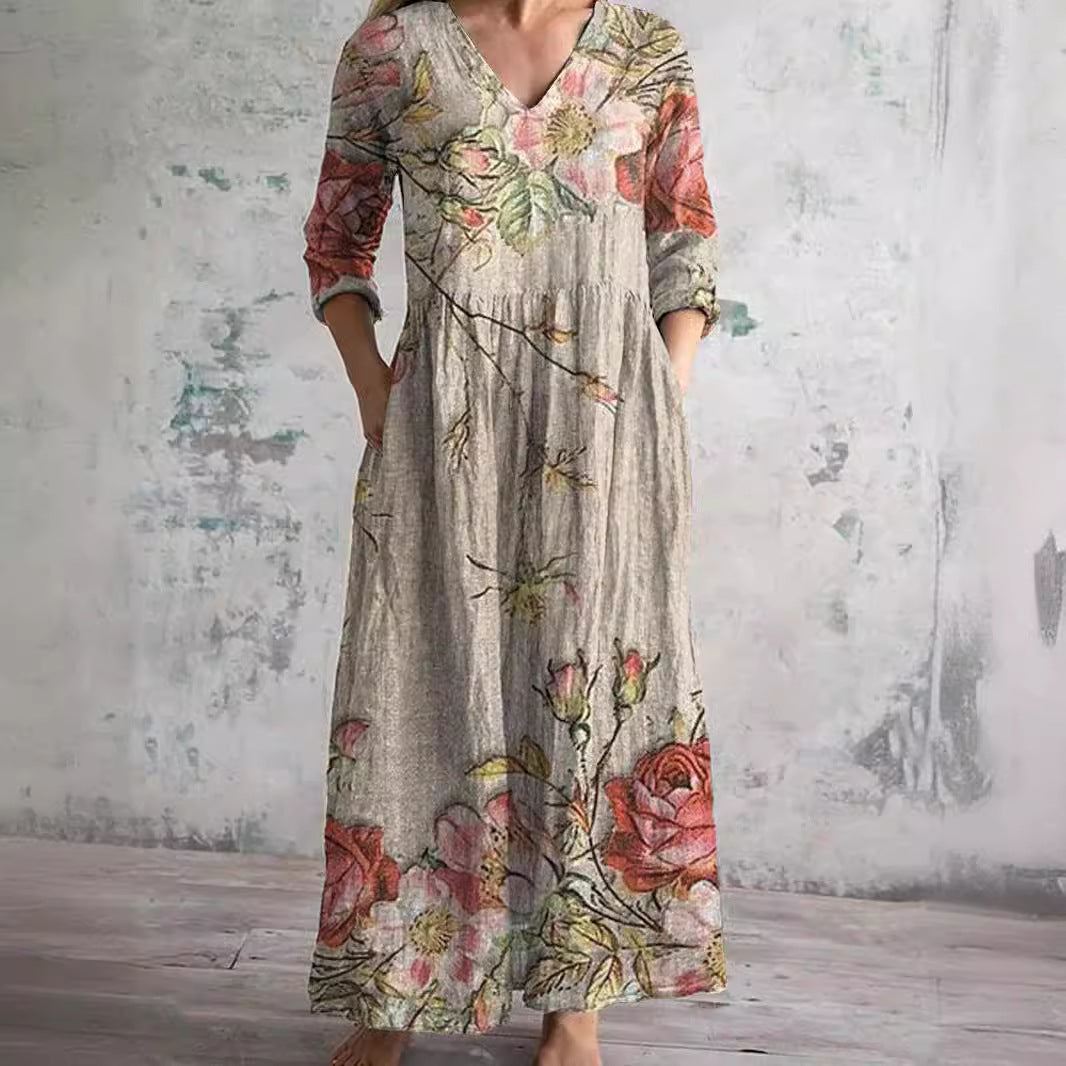 Robe Col V Manches Longues Femme | Maxi