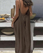 Robe longue femme dos nu à bretelles fines style fluide