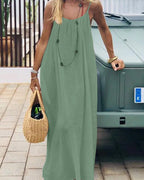 Robe longue femme dos nu à bretelles fines style fluide