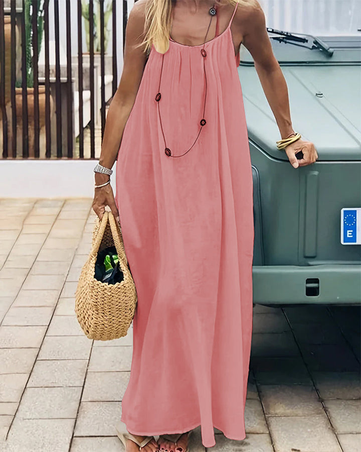 Robe longue femme dos nu à bretelles fines style fluide