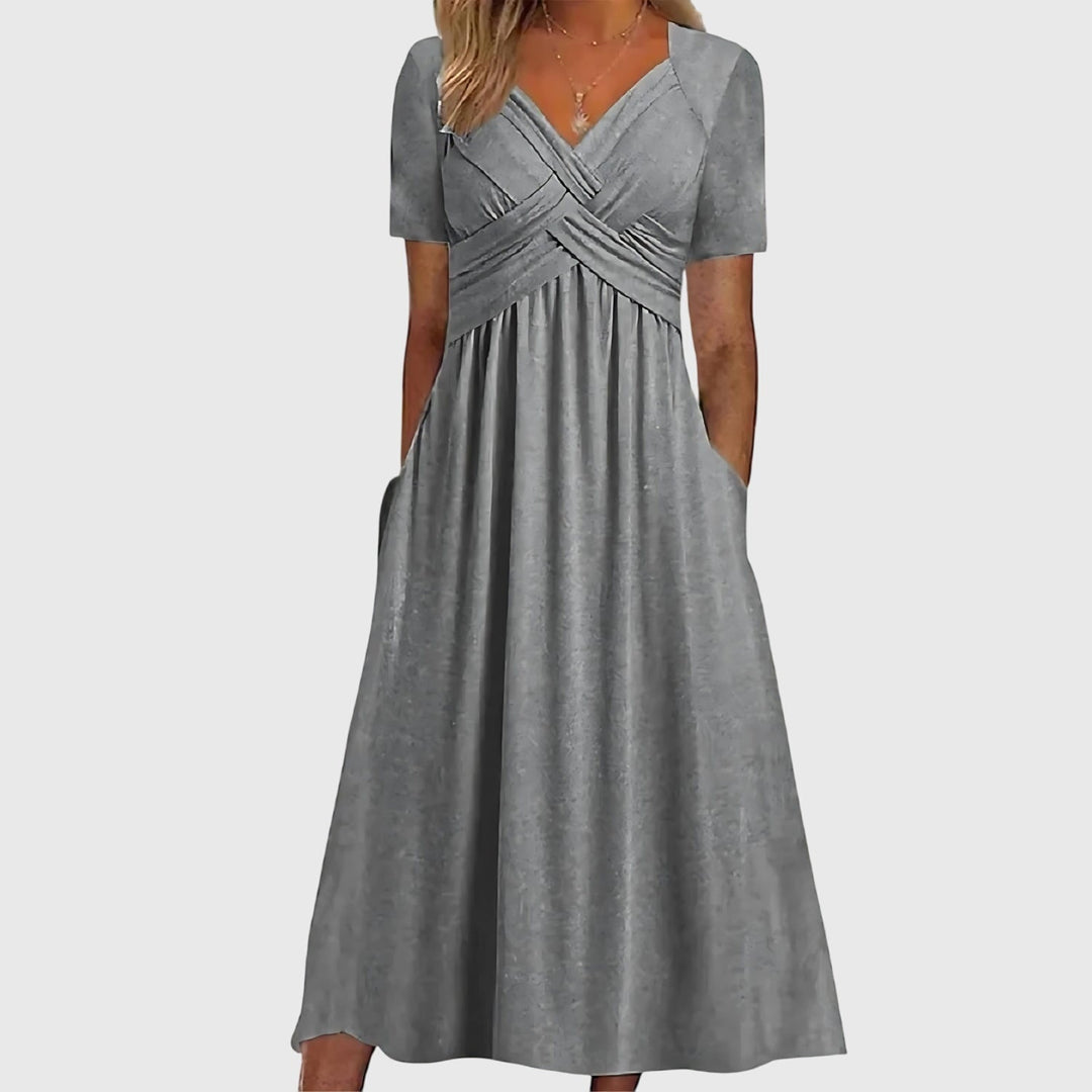 Robe midi femme verte avec encolure croisée, vue de face