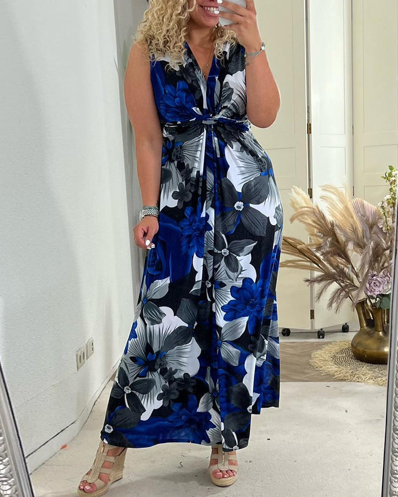 Robe maxi fleurie bleue avec encolure en V profonde et taille ajustable, vue de face