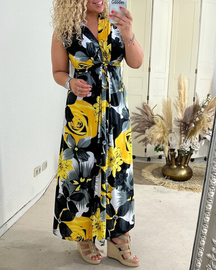 Robe maxi fleurie jaune et noire avec encolure en V, vue de face