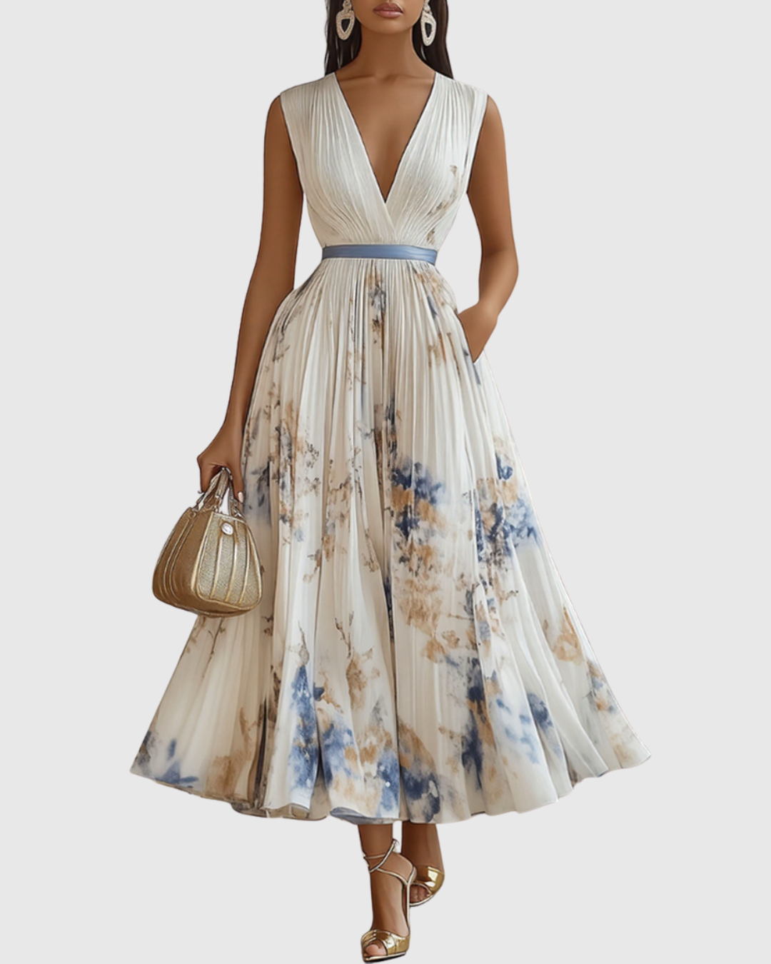 Robe midi florale femme avec encolure en V, taille nouée et jupe plissée, vue de face