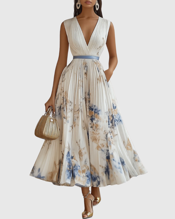 Robe midi florale femme avec encolure en V, taille nouée et jupe plissée, vue de face