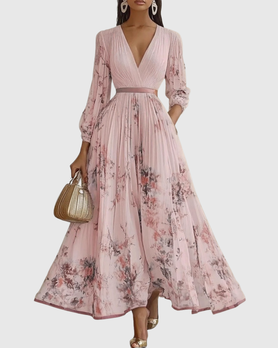 Robe midi florale femme jaune avec jupe plissée évasée, vue de face