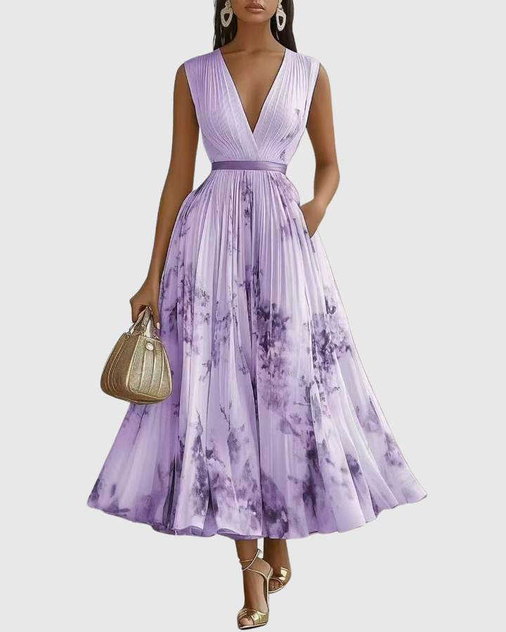 Robe midi florale femme verte, vue d'ensemble de la jupe plissée